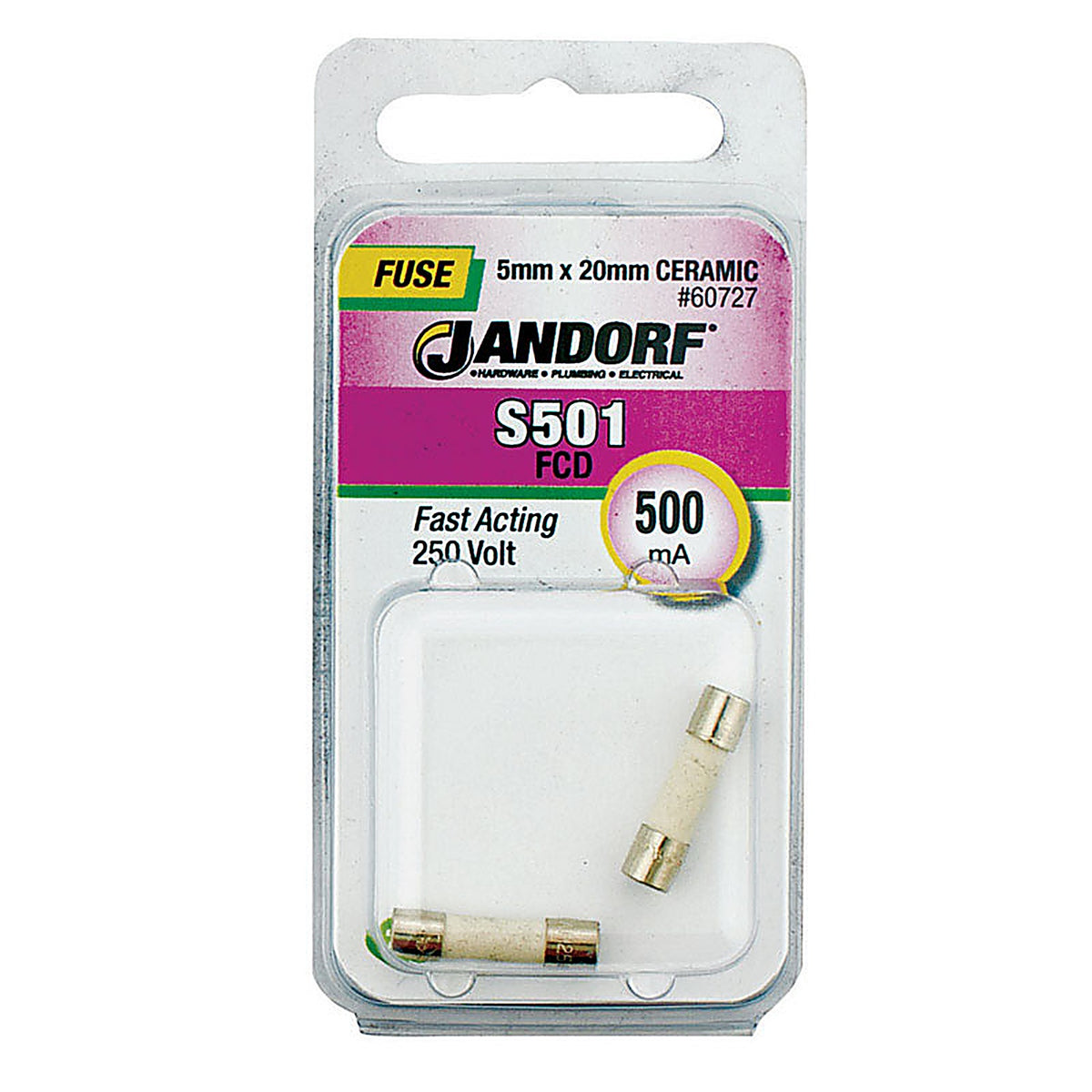 Jandorf 60727 S501 500 milliampere Fast Acting Fuse 2/Pack