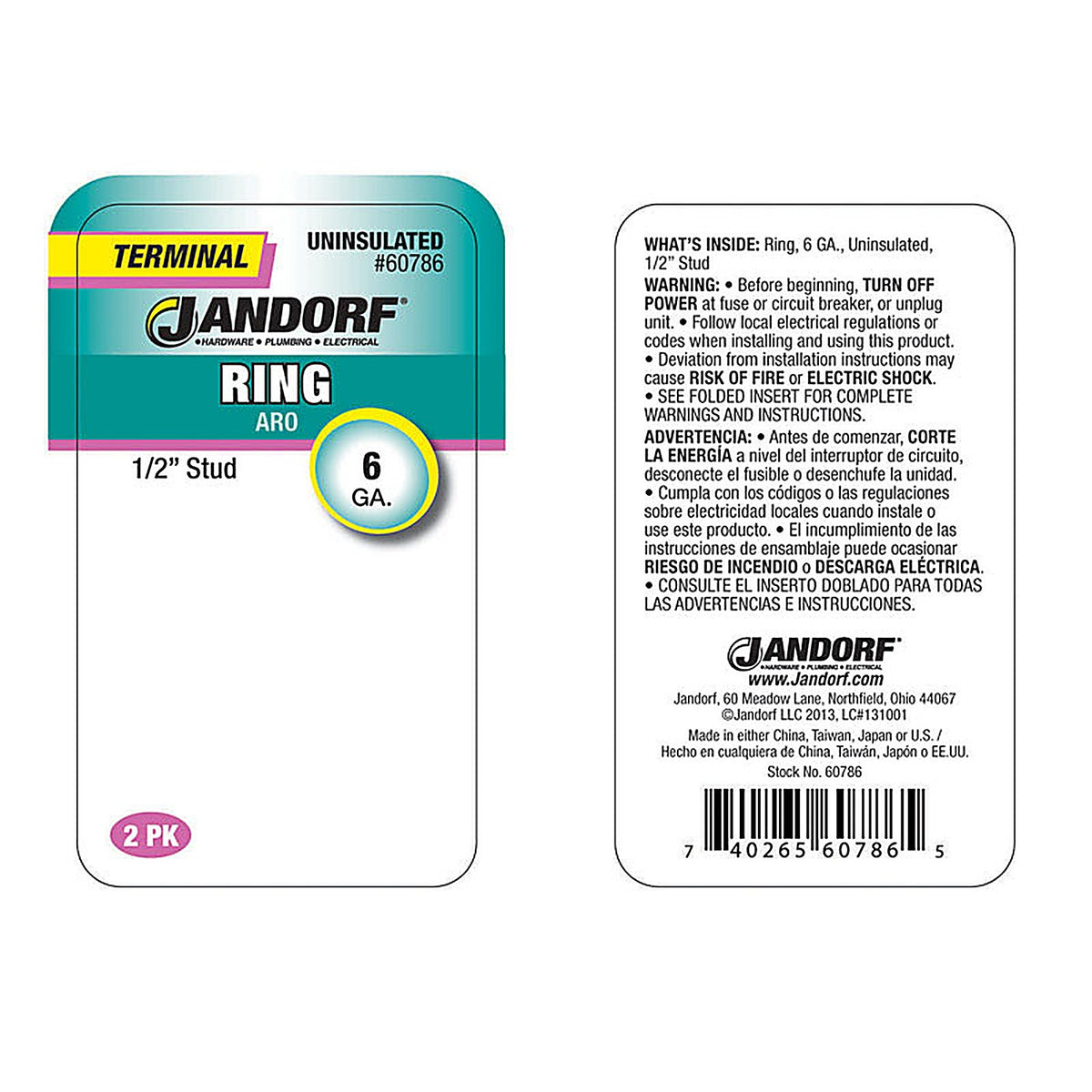 Jandorf 60786 6 Ga. Uninsulated Wire Terminal Ring Silver 2/Pack
