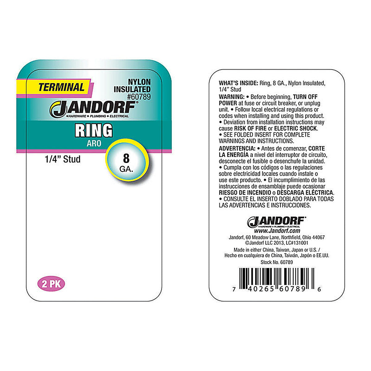 Jandorf 60789 8 Ga. Insulated Wire Terminal Ring Red 2/Pack