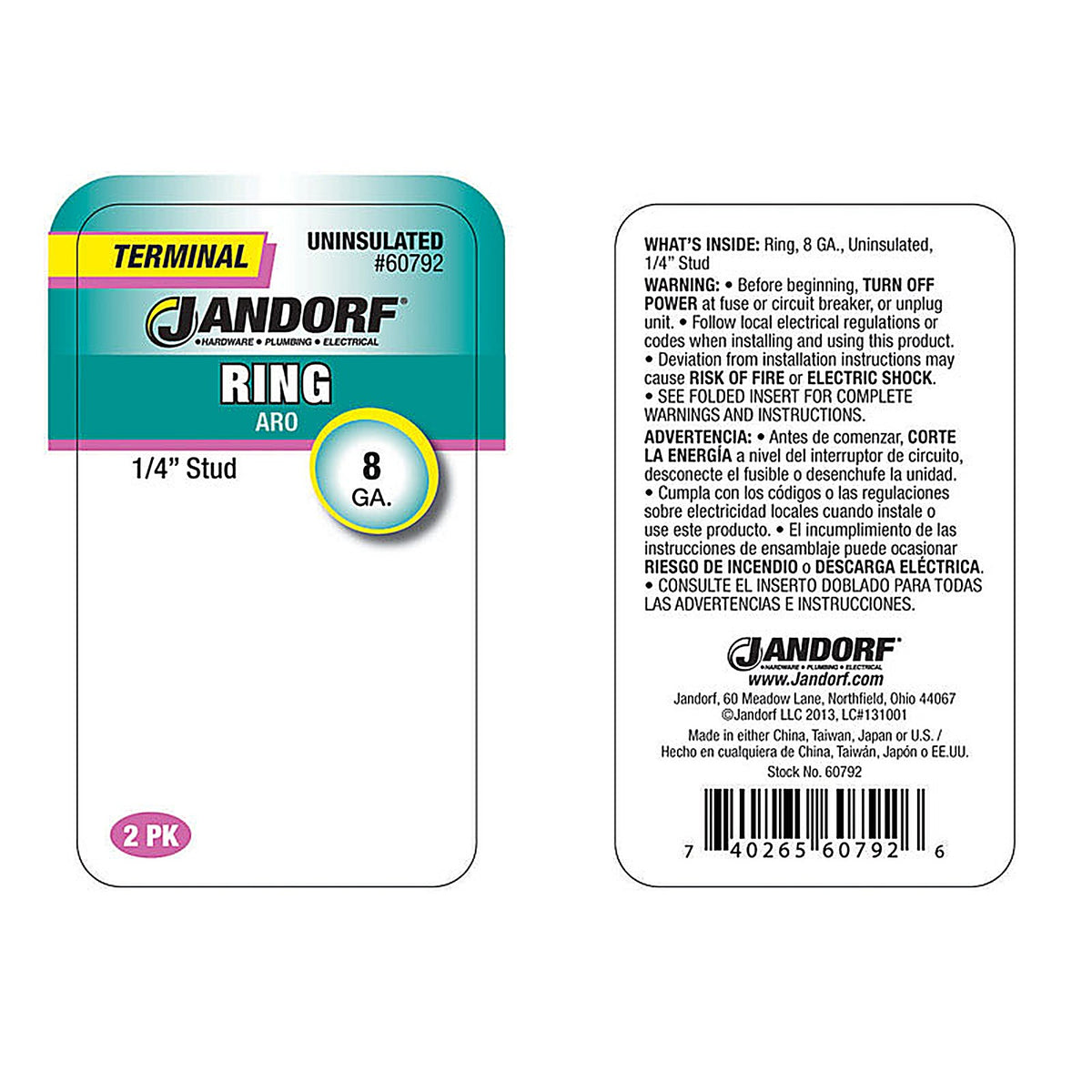 Jandorf 60792 8 Ga. Insulated Wire Terminal Ring Silver 2/Pack