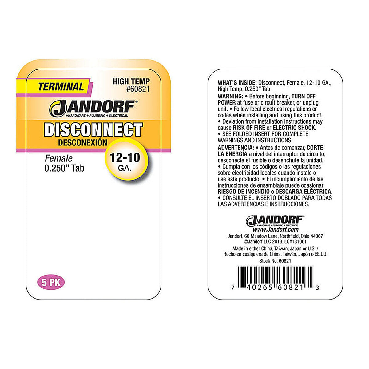 Jandorf 60821 12-10 Ga. Insulated Wire Female Disconnect Silver 5/Pack