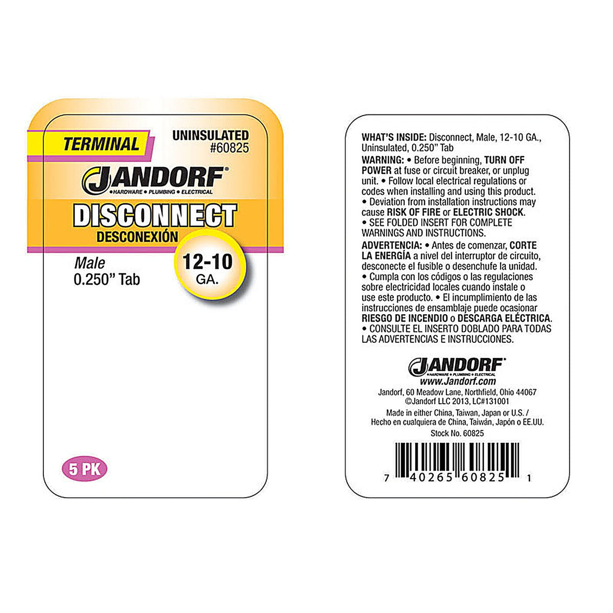 Jandorf 60825 12-10 Ga. Uninsulated Wire Male Disconnect Silver 5/Pack