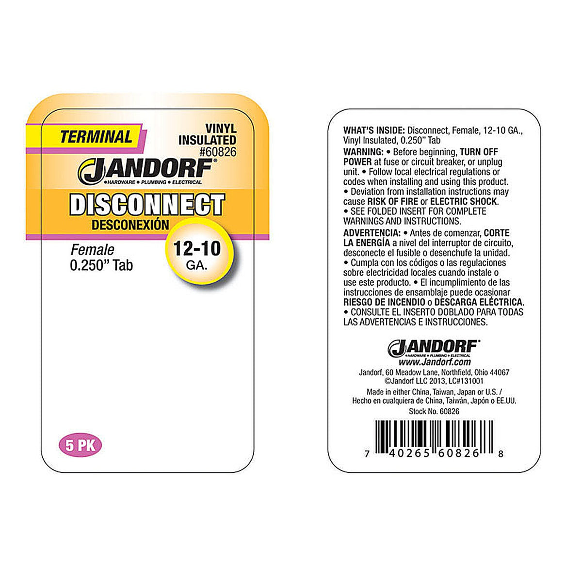 Jandorf 60826 12-10 Ga. Insulated Wire Female Disconnect Yellow 5/Pack