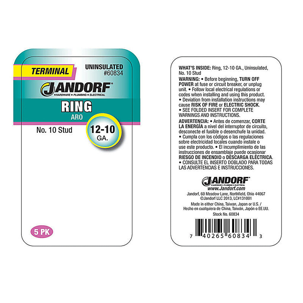 Jandorf 60834 12-10 Ga. Uninsulated Wire Terminal Ring Silver 5/Pack