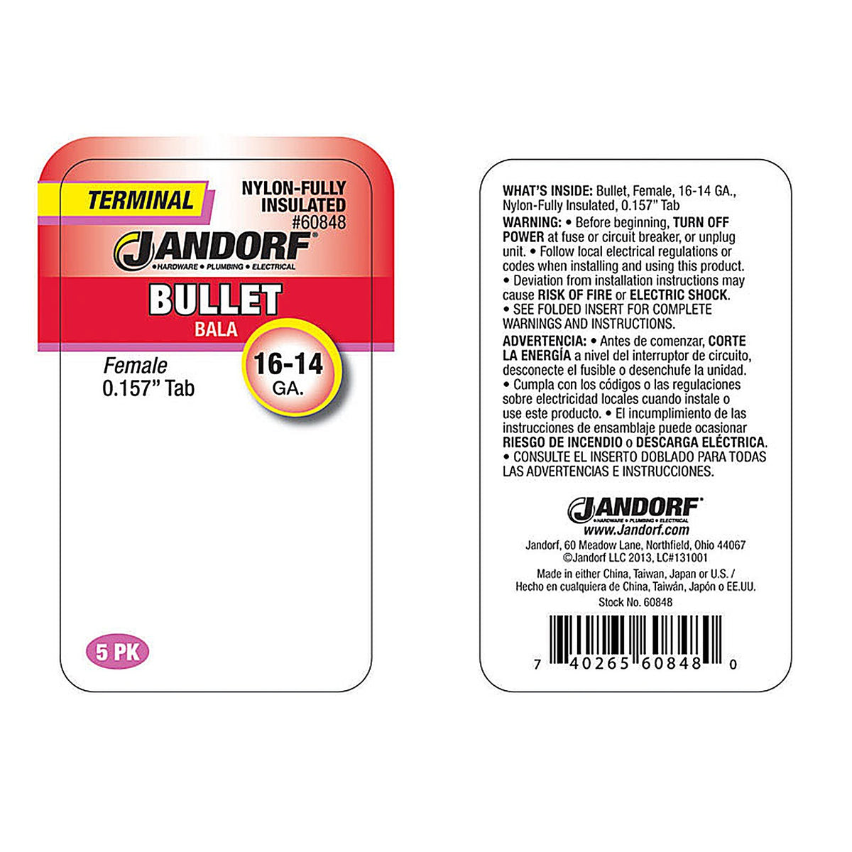Jandorf 60848 16-14 Ga. Insulated Wire Female Bullet Blue 5/Pack