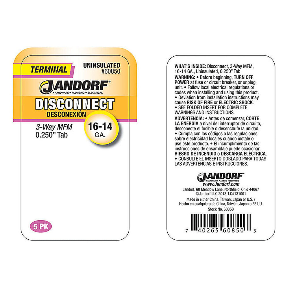 Jandorf 60850 Uninsulated Wire Terminal Disconnect Yellow 5/Pack