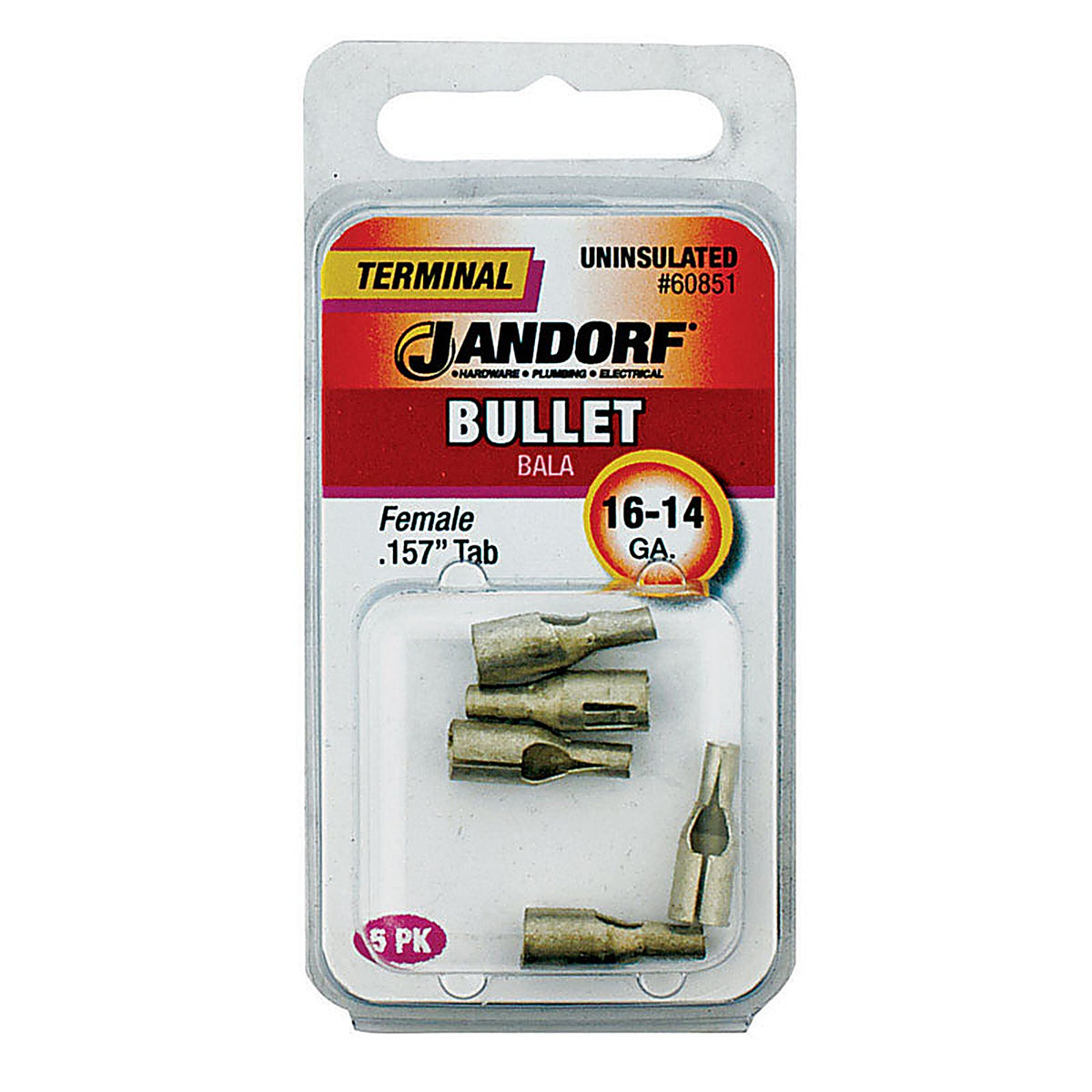 Jandorf 60851 16-14 Ga. Uninsulated Wire Female Bullet Silver 5/Pack