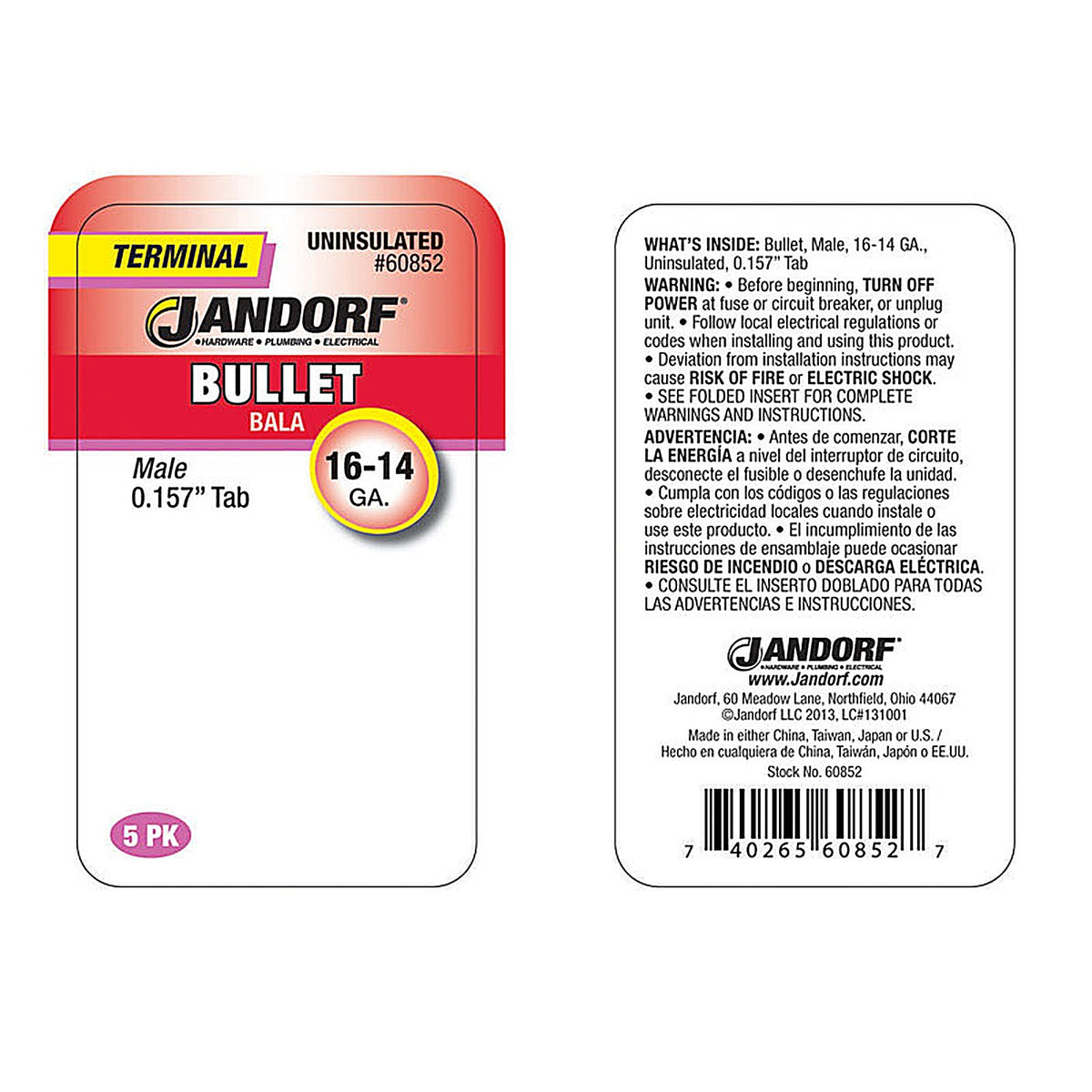 Jandorf 60852 16-14 Ga. Uninsulated Wire Male Bullet Silver 5/Pack