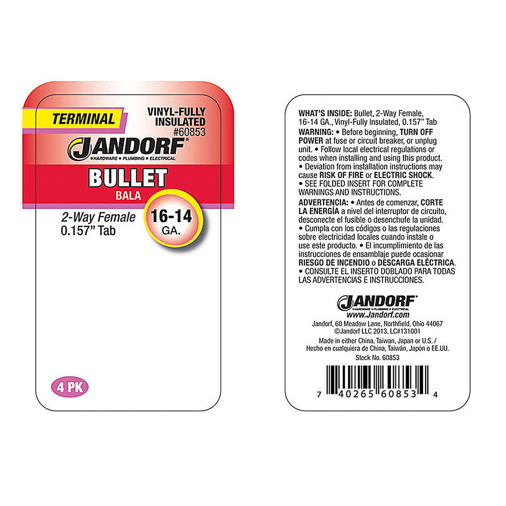 Jandorf 60853 Insulated Wire Female Bullet Clear 4/Pack