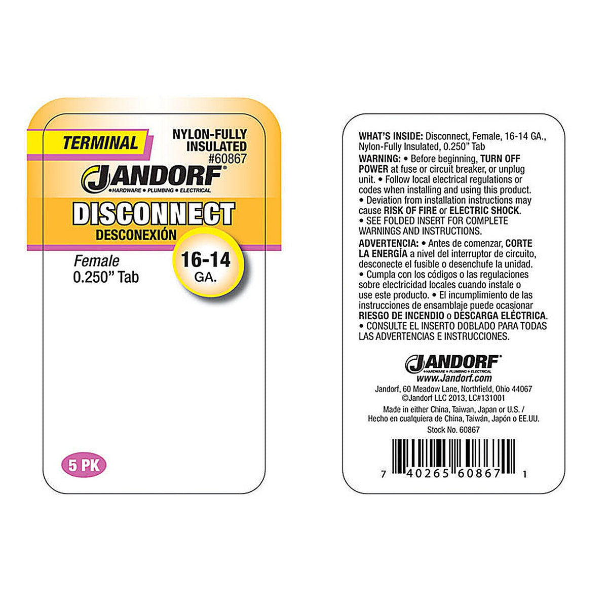 Jandorf 60867 16-14 Ga. Insulated Wire Female Disconnect Blue 5/Pack