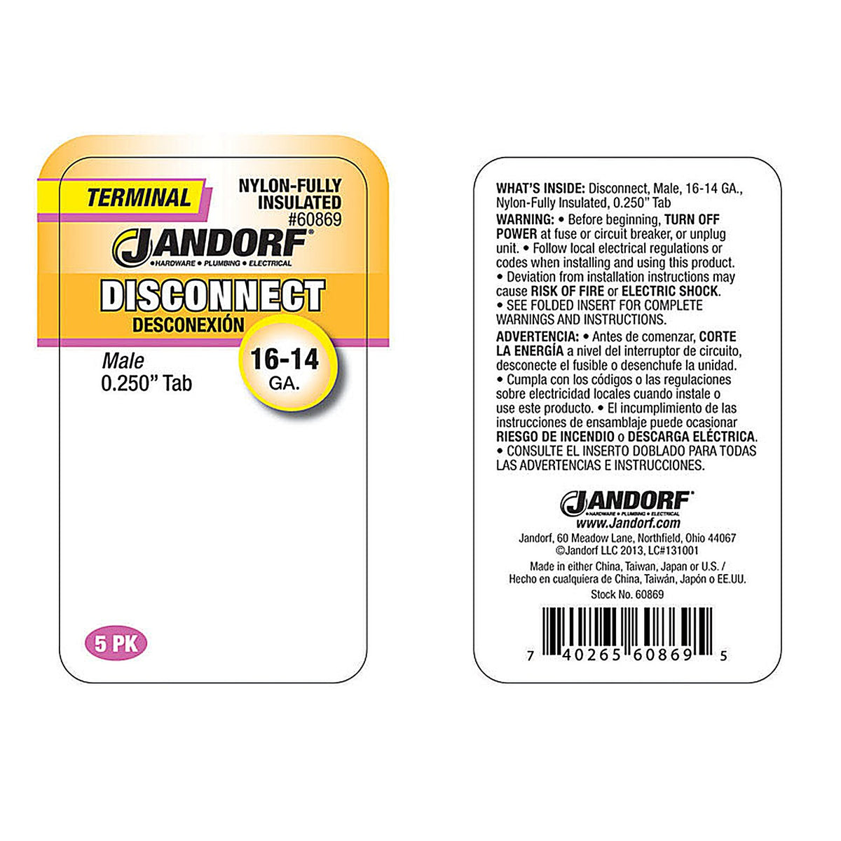Jandorf 60869 16-14 Ga. Insulated Wire Male Disconnect Blue 5/Pack