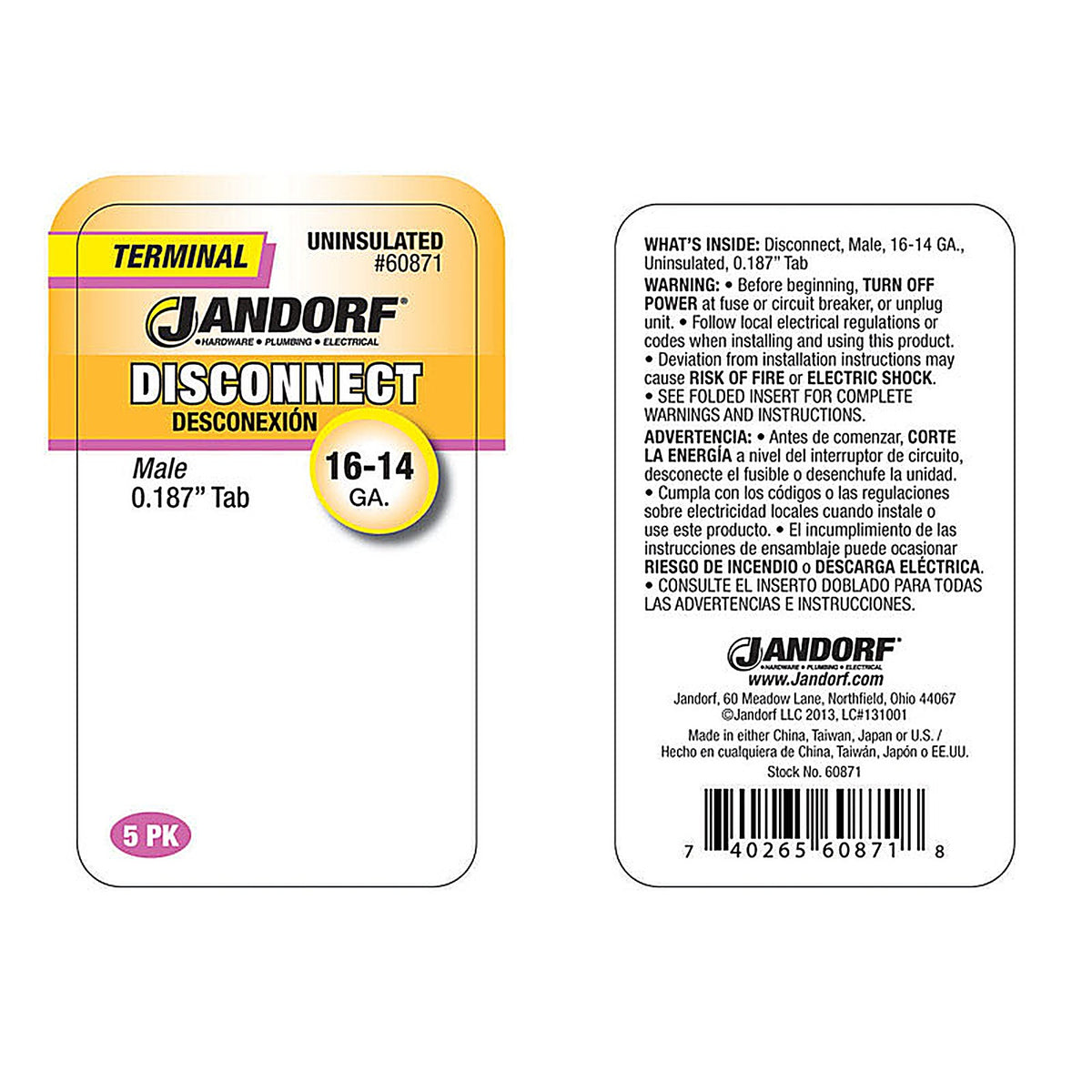 Jandorf 60871 16-14 Ga. Uninsulated Wire Male Disconnect Silver 5/Pack