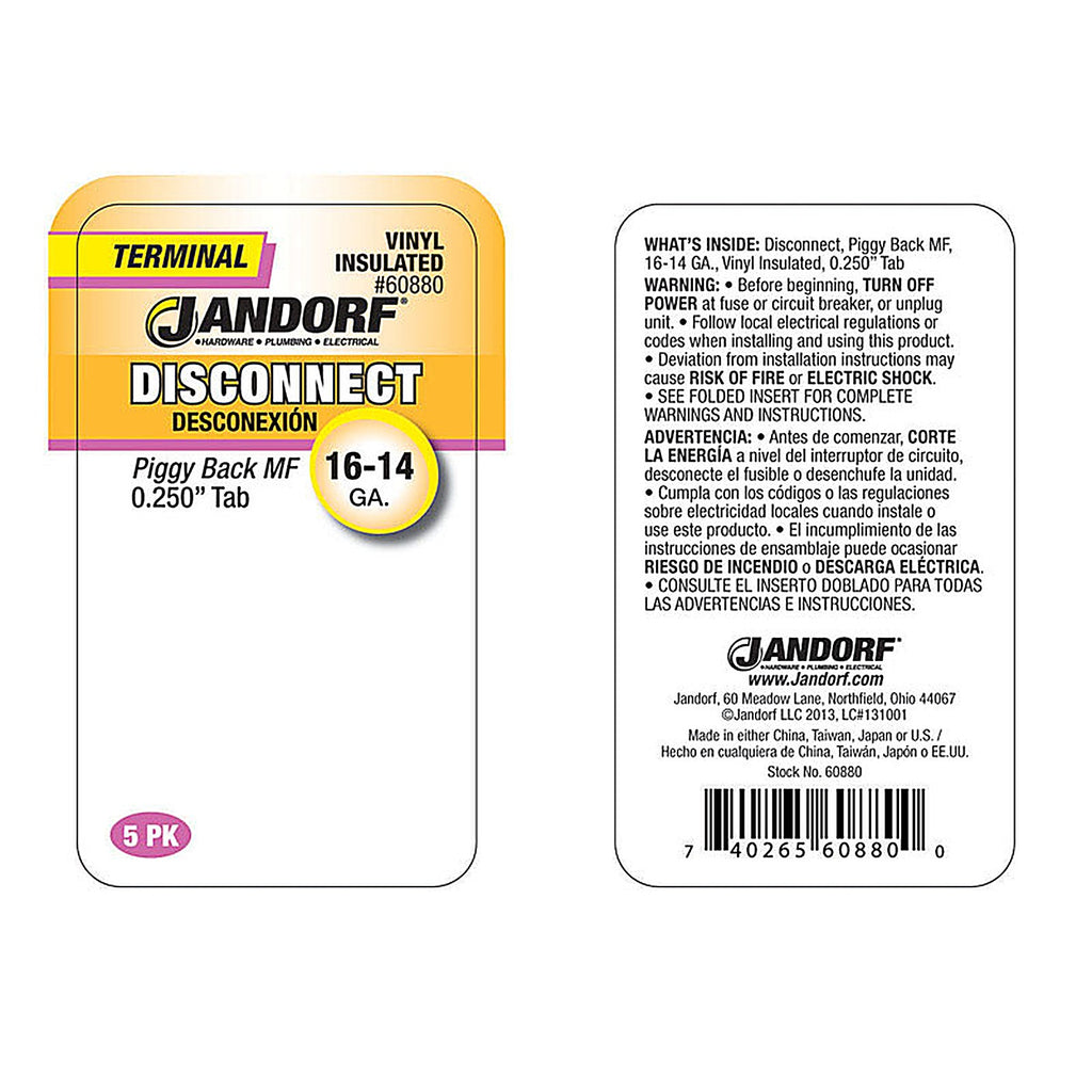 Jandorf 60880 16-14 Ga. Insulated Wire Terminal Disconnect Blue 5/Pack