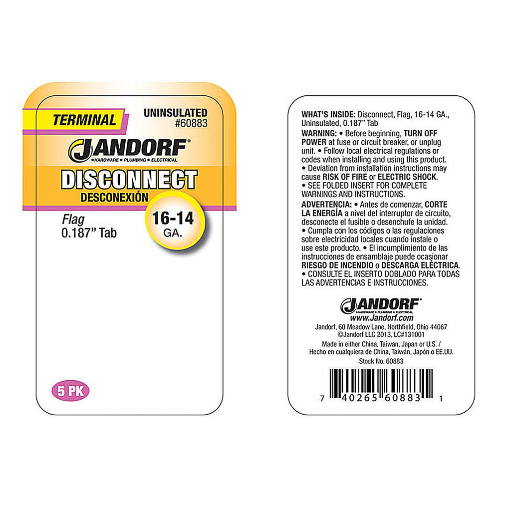 Jandorf 60883 16-14 Ga. Uninsulated Wire Terminal Disconnect Silver 5/Pack