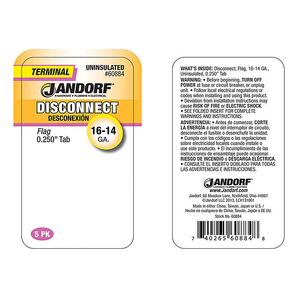 Jandorf 60884 16-14 Ga. Uninsulated Wire Terminal Disconnect Silver 5/Pack