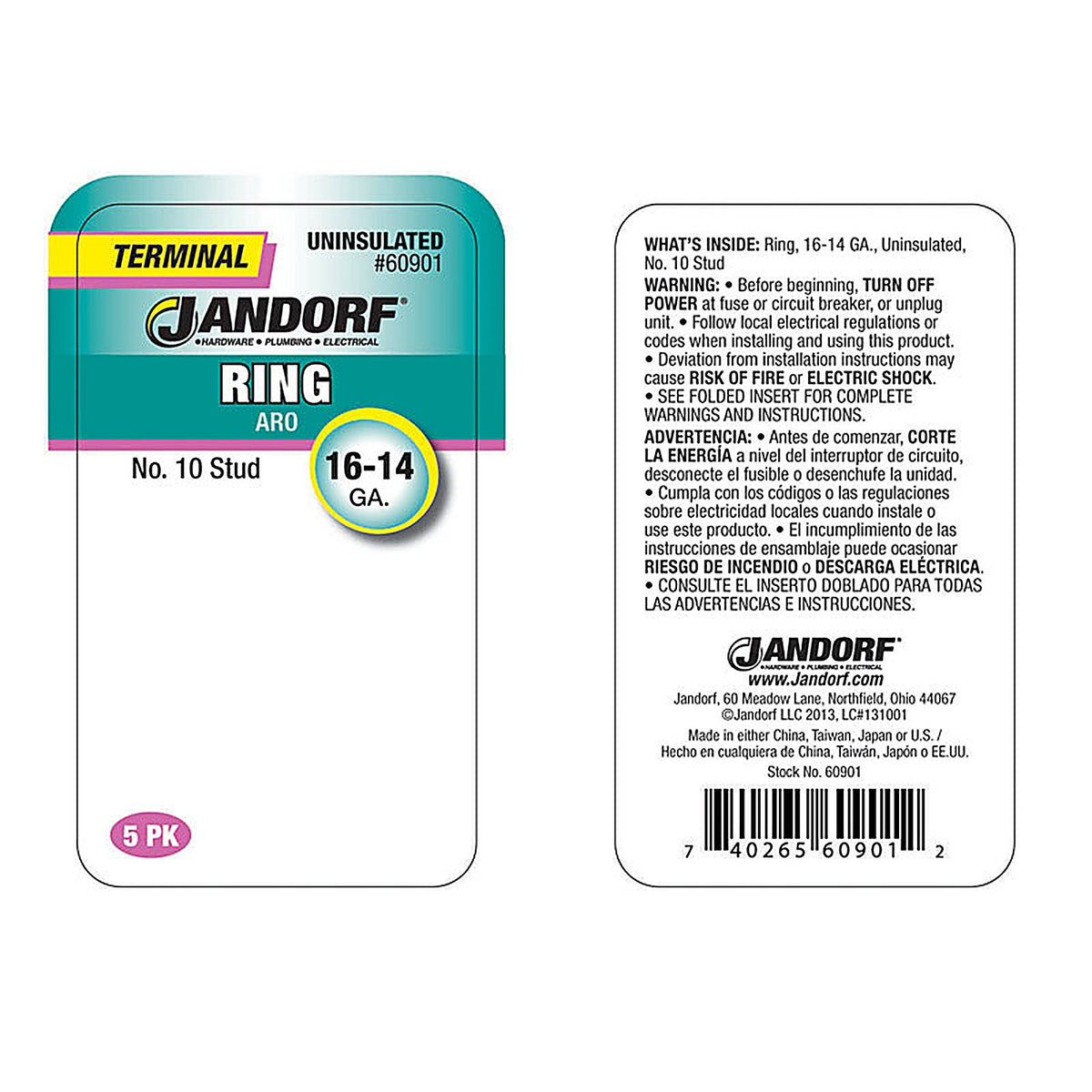 Jandorf 60901 16-14 Ga. Uninsulated Wire Terminal Ring Silver 5/Pack