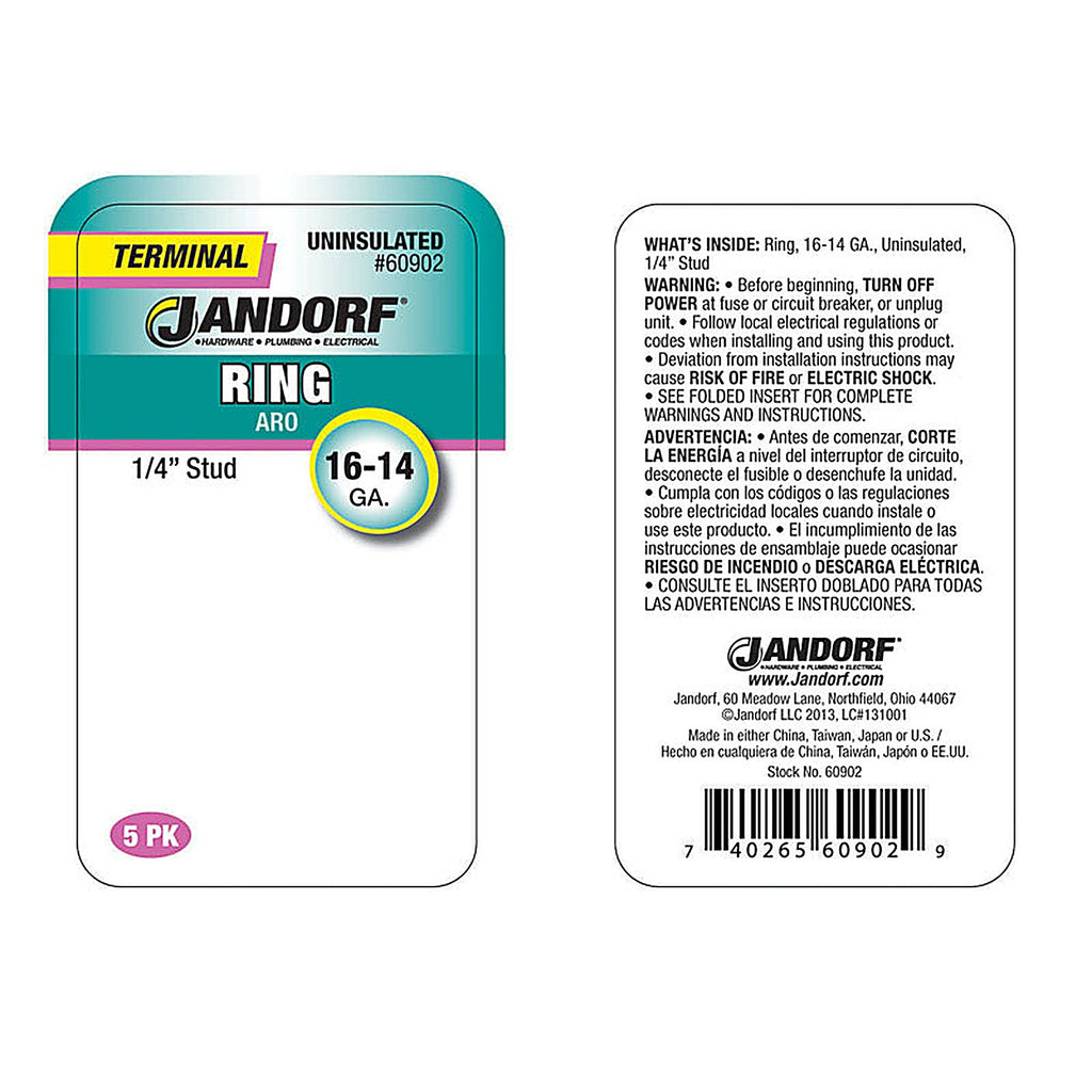 Jandorf 60902 16-14 Ga. Uninsulated Wire Terminal Ring Silver 5/Pack