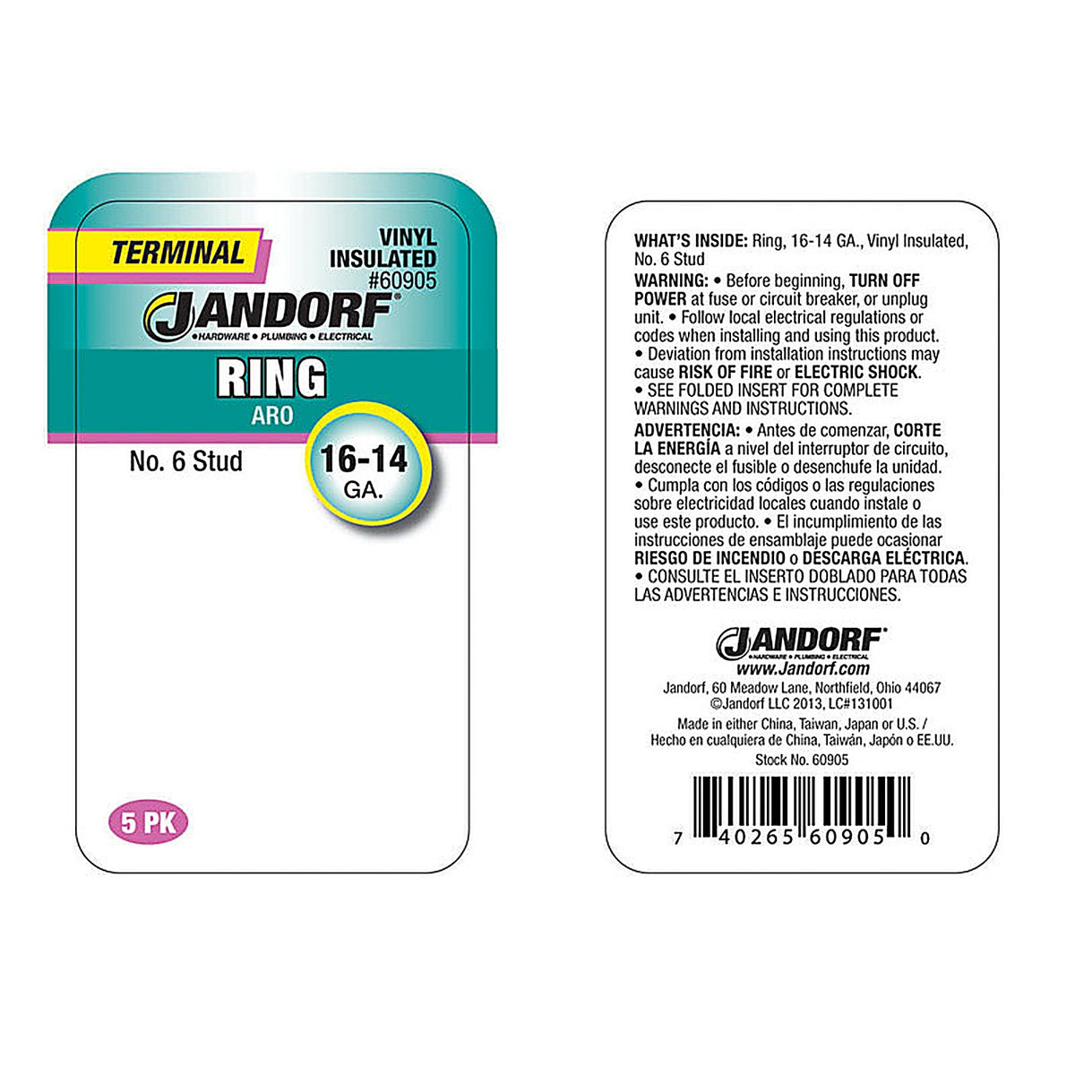 Jandorf 60905 16-14 Ga. Insulated Wire Terminal Ring Blue 5/Pack