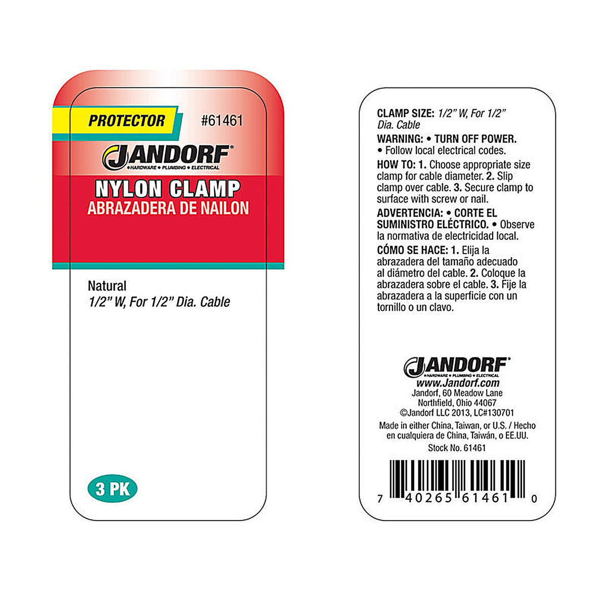 Jandorf 61461 1/2 in. Dia. Nylon Cable Clamp 3/Pack