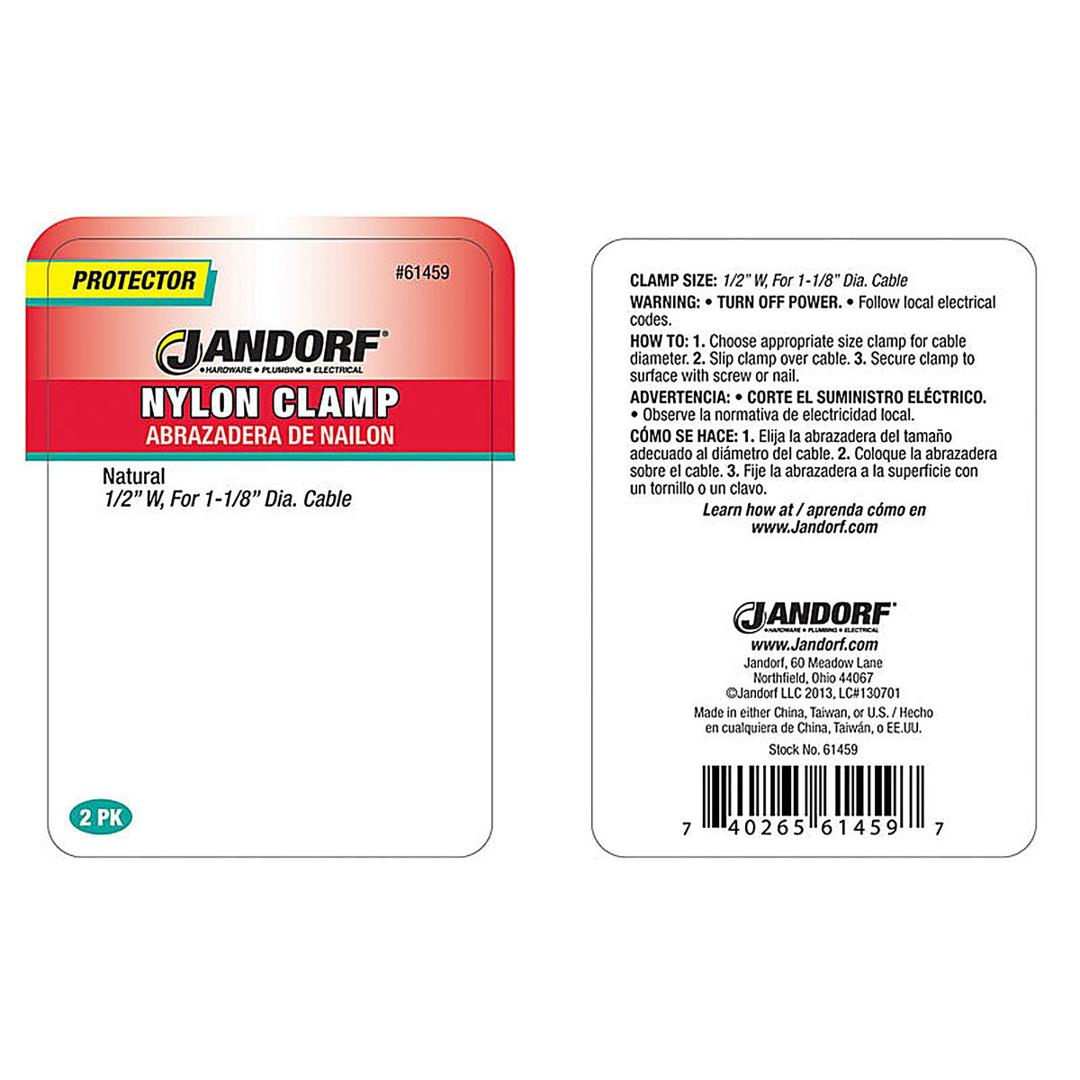 Jandorf 61459 1-1/8 in. Dia. Nylon Cable Clamp 2/Pack
