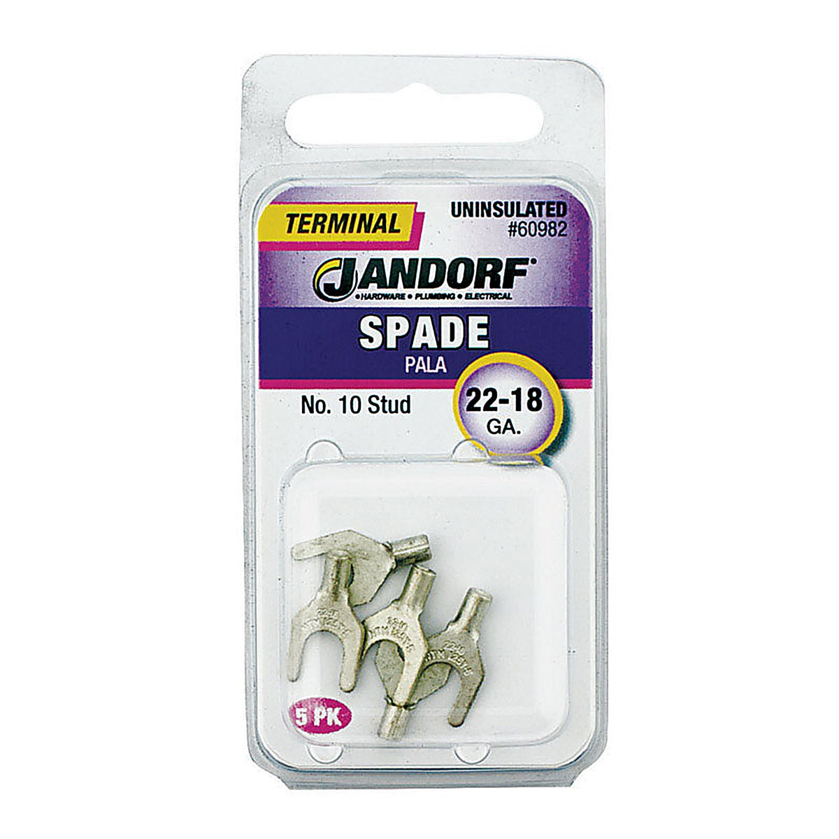 Jandorf 60982 22-18 Ga. Uninsulated Wire Terminal Spade Silver 5/Pack