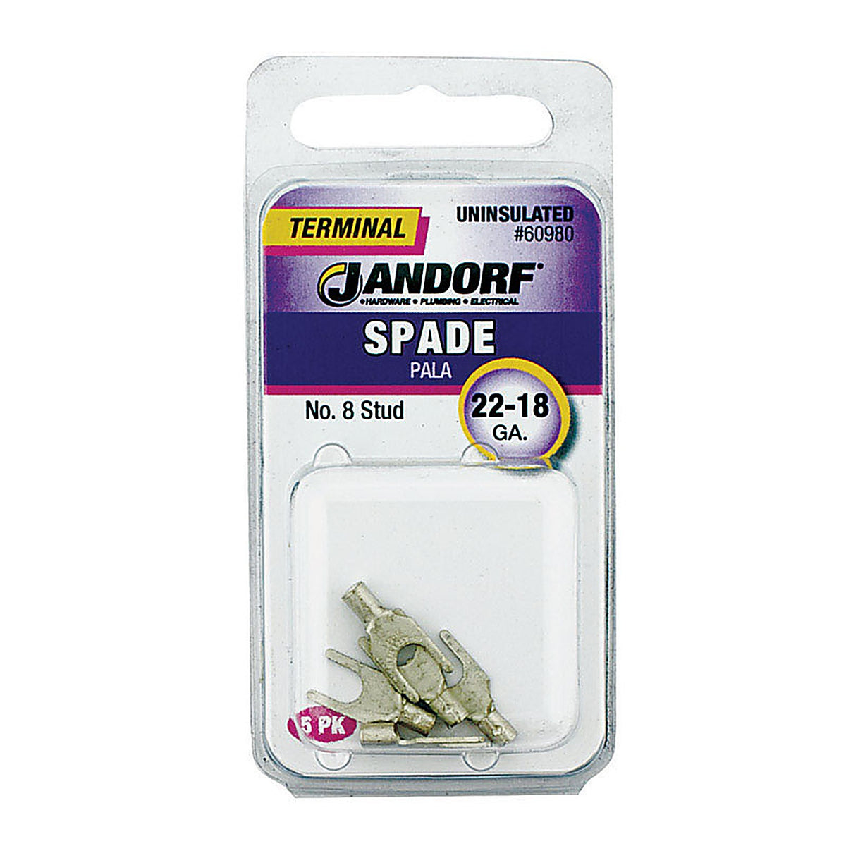 Jandorf 60980 22-18 Ga. Uninsulated Wire Terminal Spade Silver 5/Pack