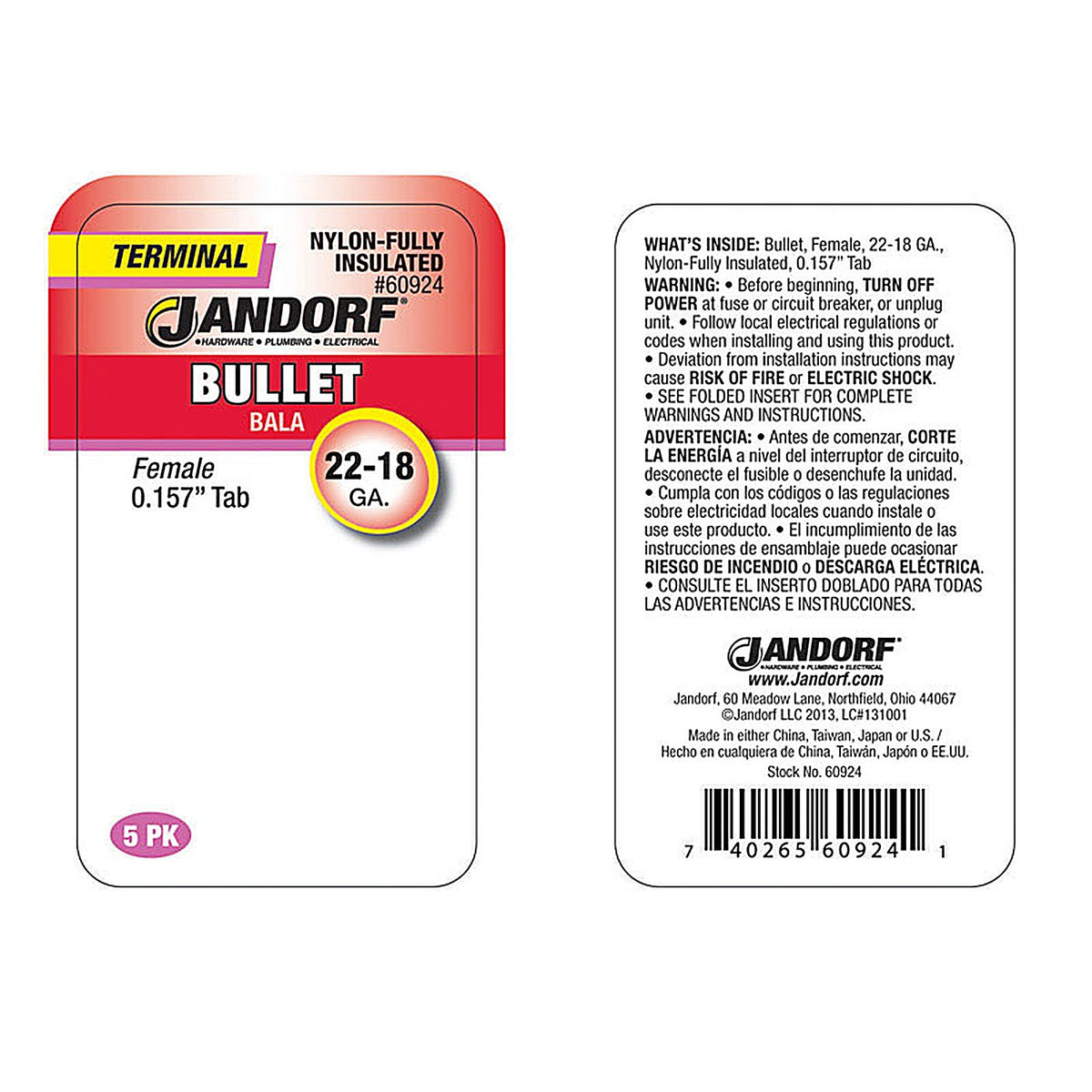 Jandorf 60924 22-18 Ga. Insulated Wire Female Bullet Red 5/Pack