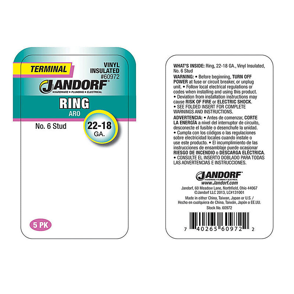 Jandorf 60972 22-18 Ga. Insulated Wire Terminal Ring Red 5/Pack