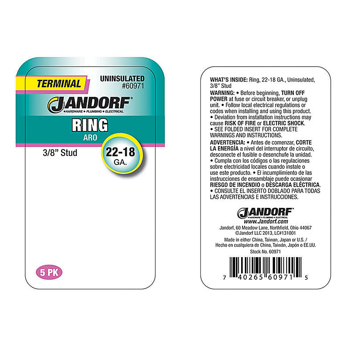 Jandorf 60971 22-18 Ga. Uninsulated Wire Terminal Ring Silver 5/Pack