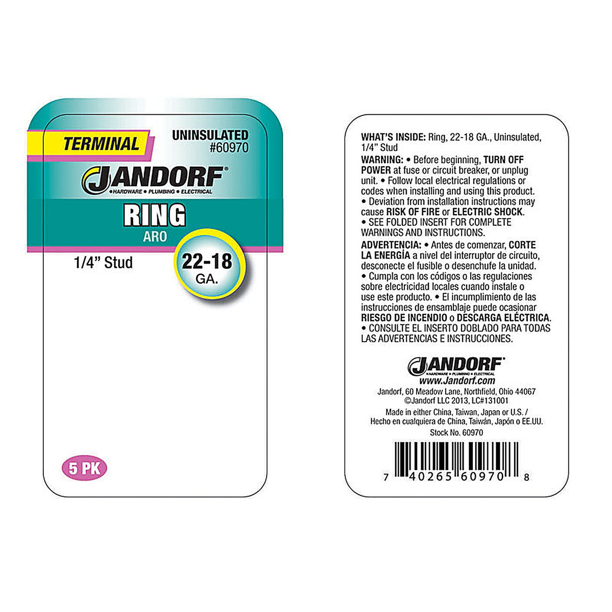 Jandorf 60970 22-18 Ga. Uninsulated Wire Terminal Ring Silver 5/Pack