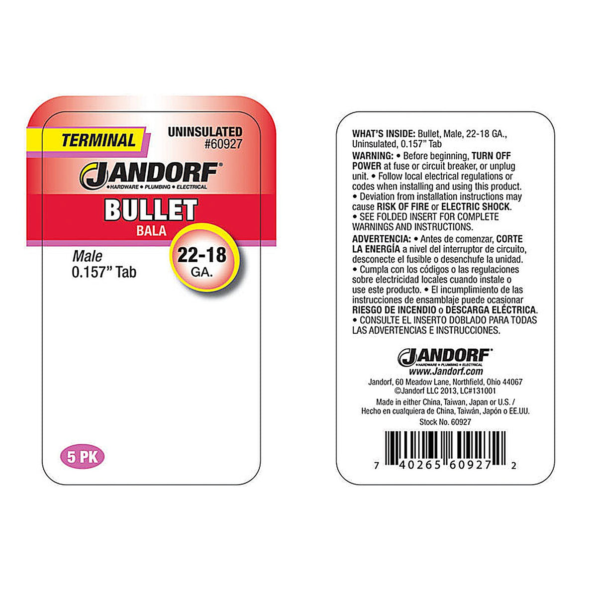 Jandorf 60927 22-18 Ga. Uninsulated Wire Male Bullet Silver 5/Pack
