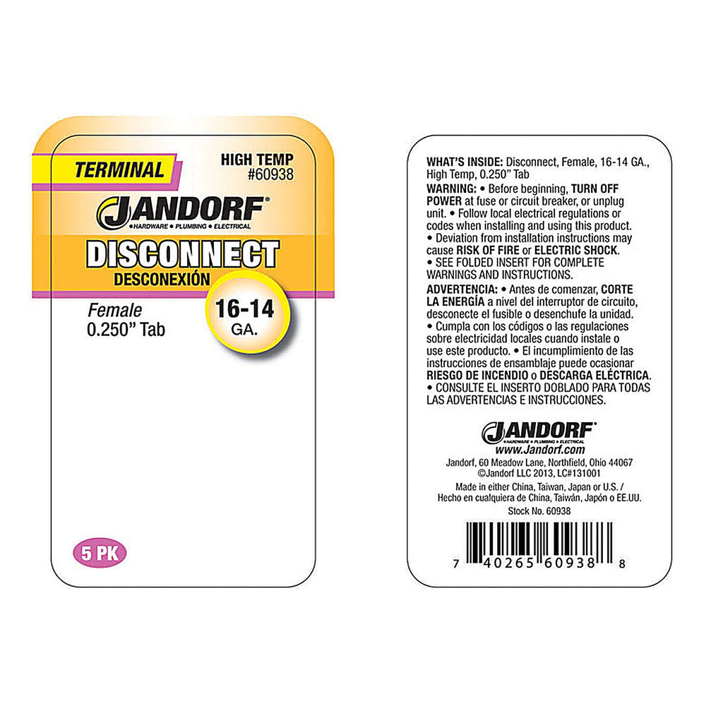 Jandorf 60938 16-14 Ga. Insulated Wire Female Disconnect Silver 5/Pack