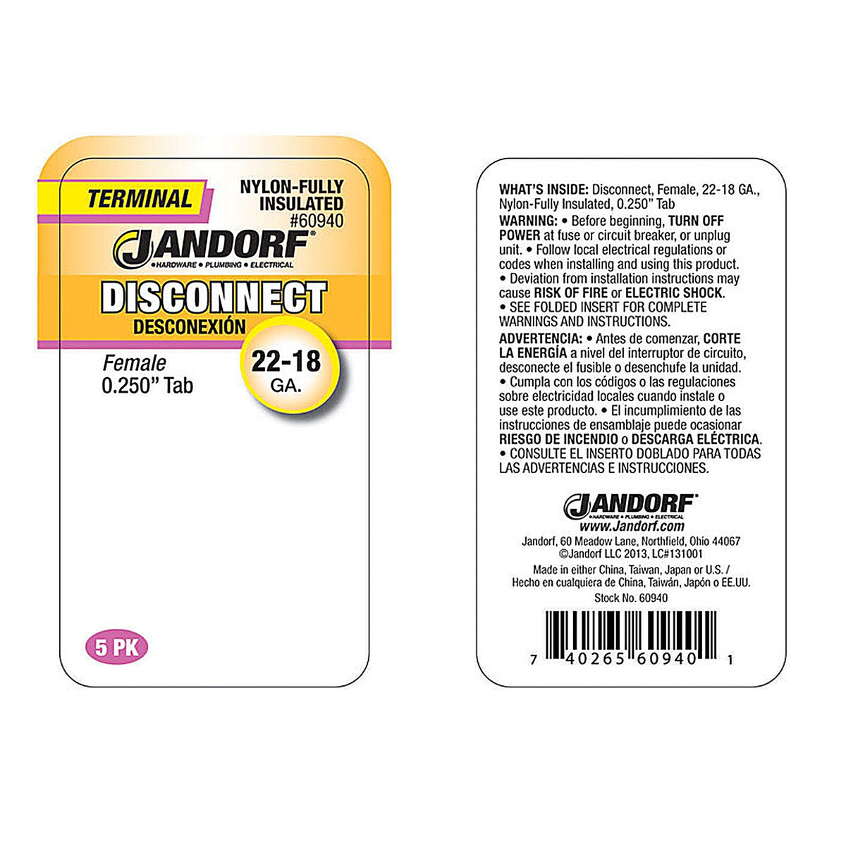 Jandorf 60940 22-18 Ga. Insulated Wire Female Disconnect Red 5/Pack