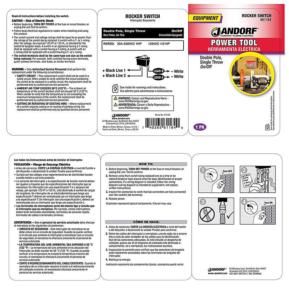 Jandorf 61164 20 amps Double Pole Rocker Power Tool Switch Black 1/Pack