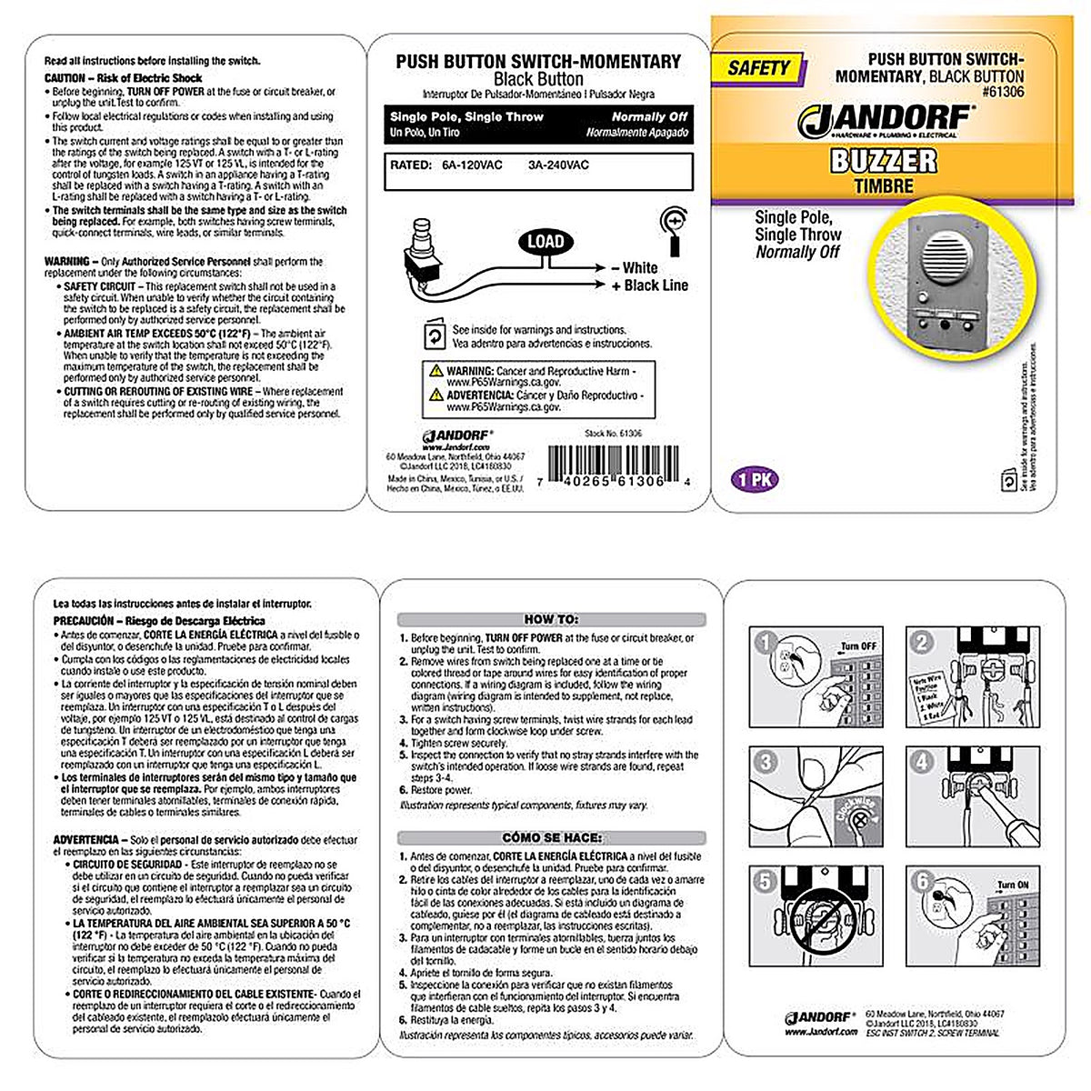 Jandorf 61306 6 amps Single Pole Push Button Appliance Switch Black/Silver 1/Pack