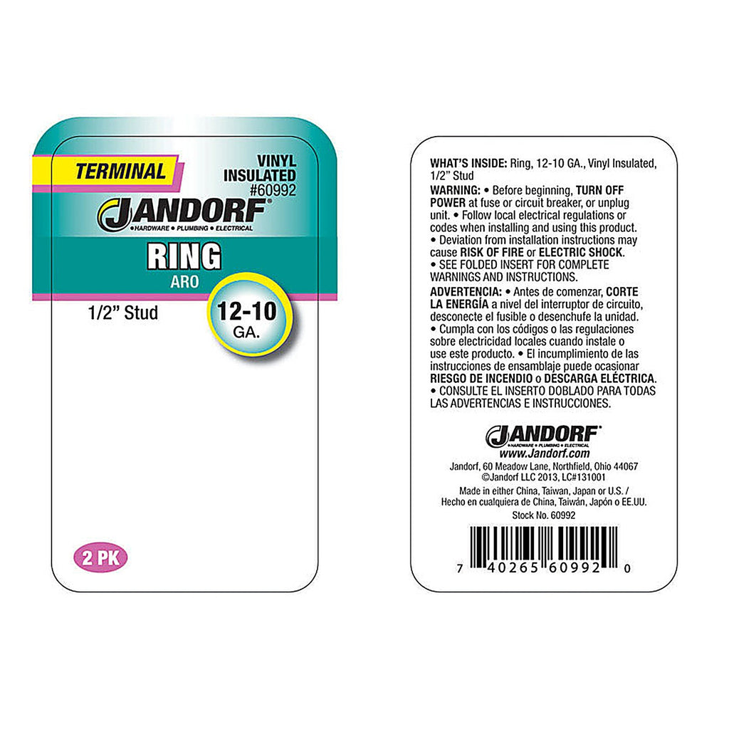 Jandorf 60992 12-10 Ga. Insulated Wire Terminal Ring Yellow 2/Pack
