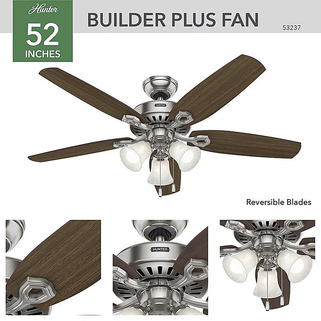 Hunter 53237 Builder Plus 52 in. Brushed Nickel LED Indoor Ceiling Fan