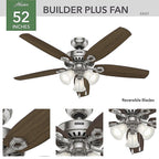 Hunter 53237 Builder Plus 52 in. Brushed Nickel LED Indoor Ceiling Fan
