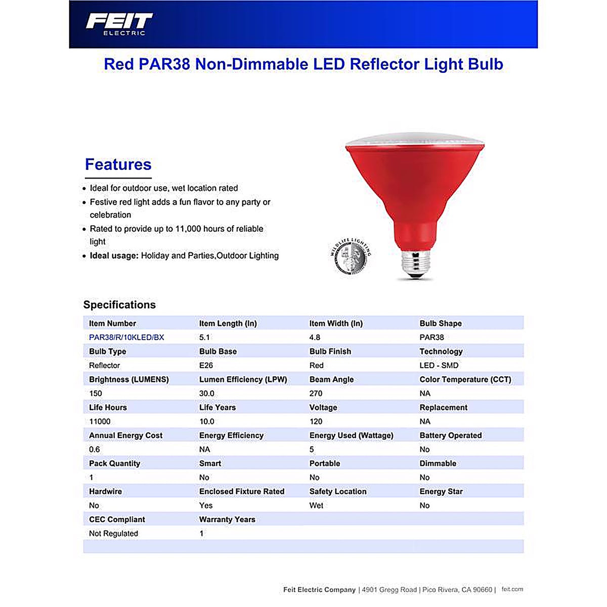 Feit Electric PAR38R10KLED/BX PAR38 E26 (Medium) LED Bulb Red 120 W 1 pk