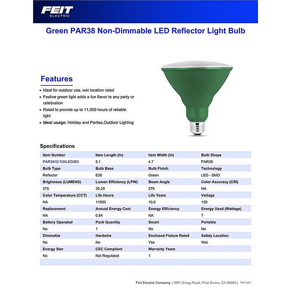 Feit Electric PAR38G10KLED/BX PAR38 E26 (Medium) LED Bulb Green 120 W 1 pk
