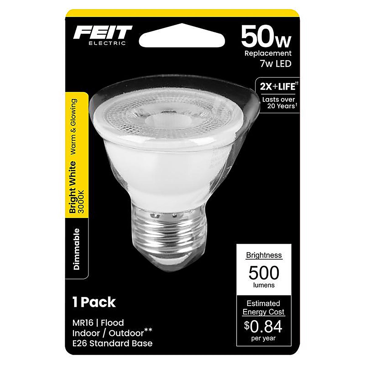 Feit - BPEXN500MEDLED - Mr16 E26 (Medium) LED Bulb Bright White 50 Watt Equivalence 1 Pack