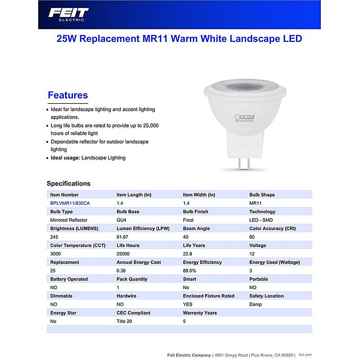 Feit Electric BPLVMR11/830CA MR11 GU4 LED Bulb Warm White 25 W 1 pk