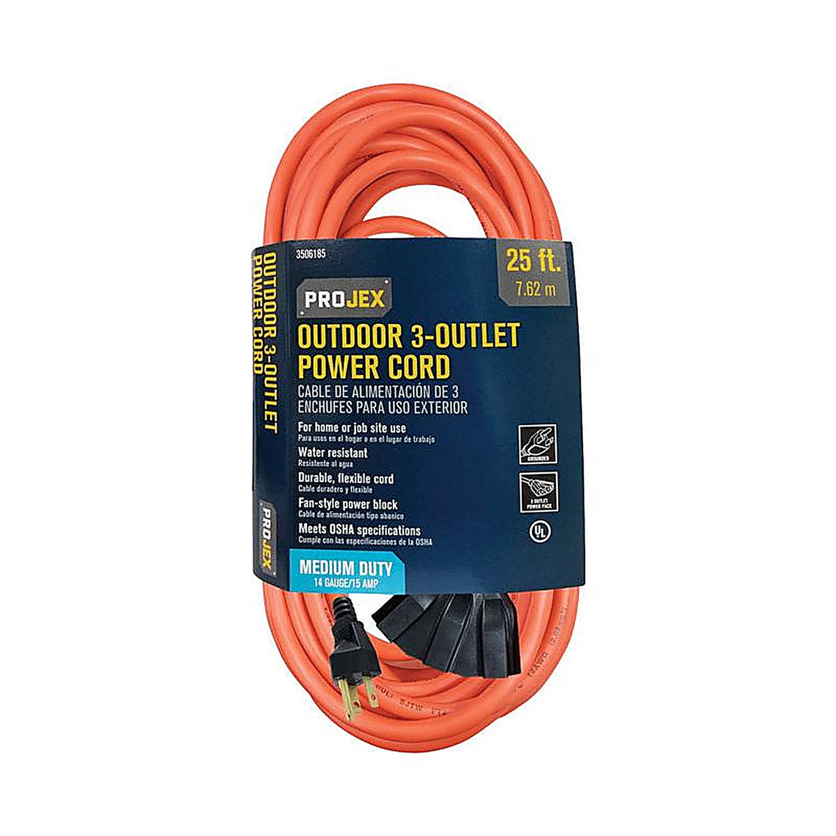 Projex 10P-001-025FOGP Indoor or Outdoor 25 ft. L Orange Extension Cord 14/3 SJTW