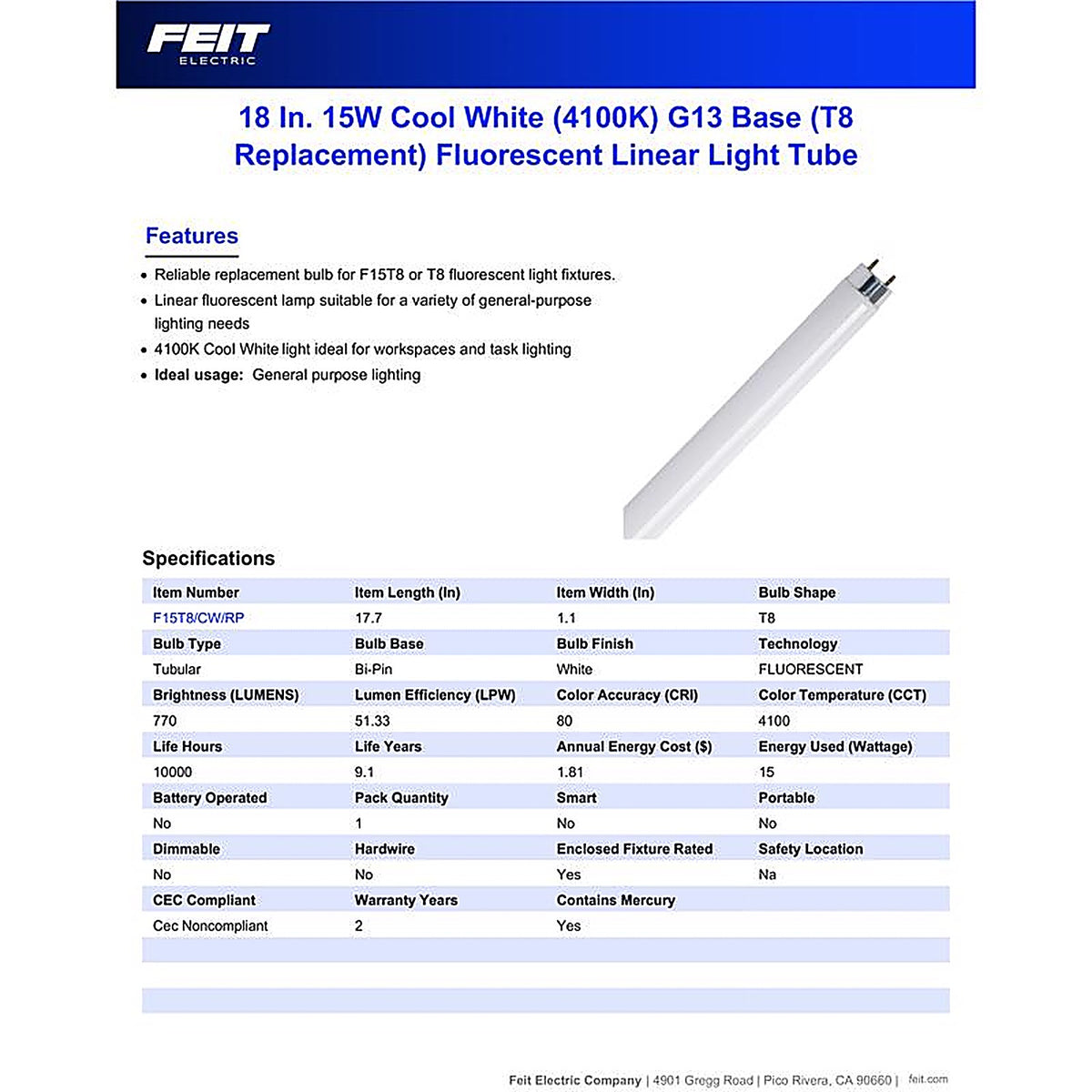 Feit - F15T8/CW/RP - Legacy Bulbs 15 W T8 1.1 In. D X 17.7 In. L Fluorescent Bulb Cool White Linear 4100 K 1 Pack