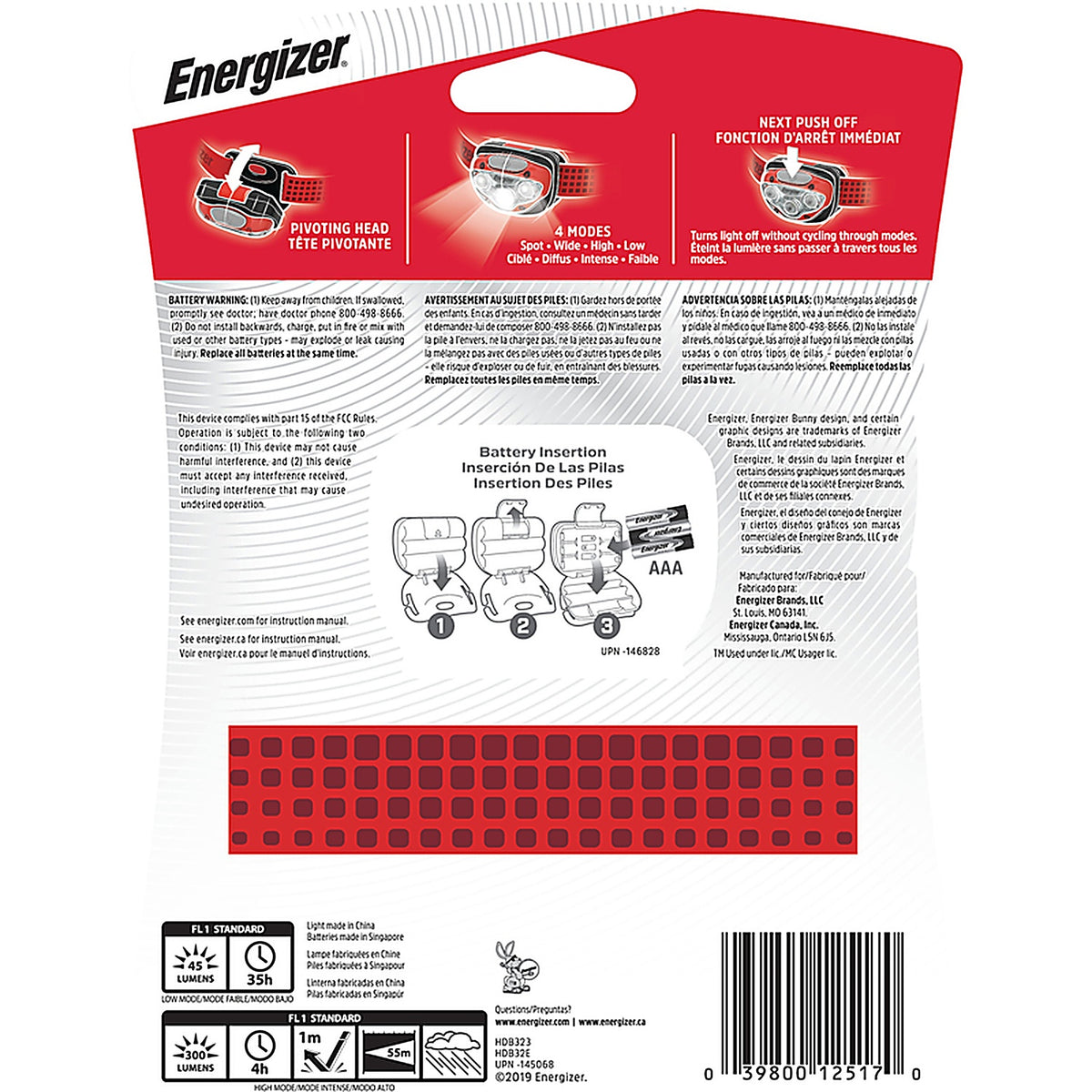 Energizer HDB32E Vision HD Headlamp 300 lm Red LED Headlight AAA Battery