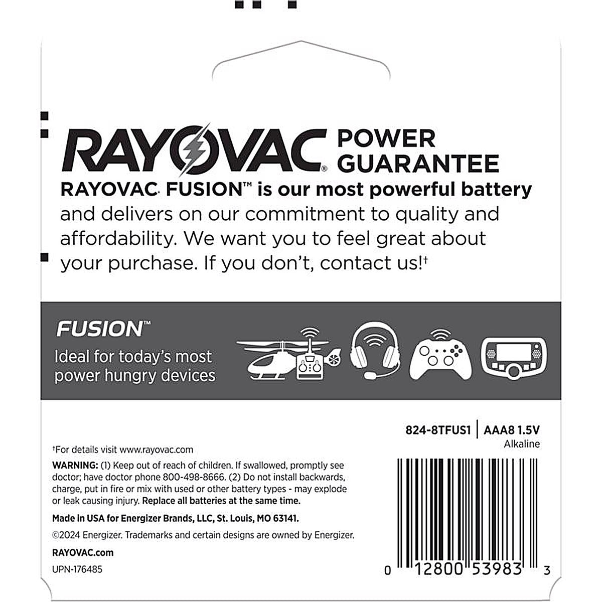 Rayovac 824-8TFUSK Fusion AAA Alkaline Batteries 8 pk Carded