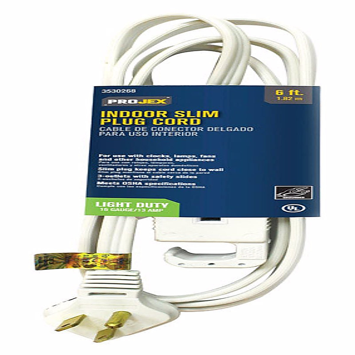 Projex FW-1130-6FT/09P Indoor 6 ft. L White Slim Plug Cord 16/3 SPT-2