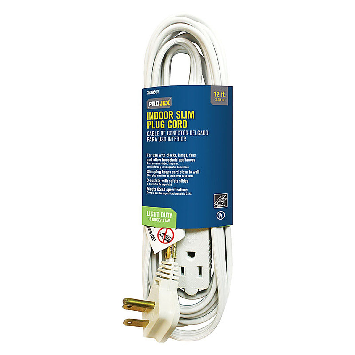 Projex - FW-606-12FT/09P - Indoor 12 Ft. L White Slim Plug Cord 16/3 Spt-2