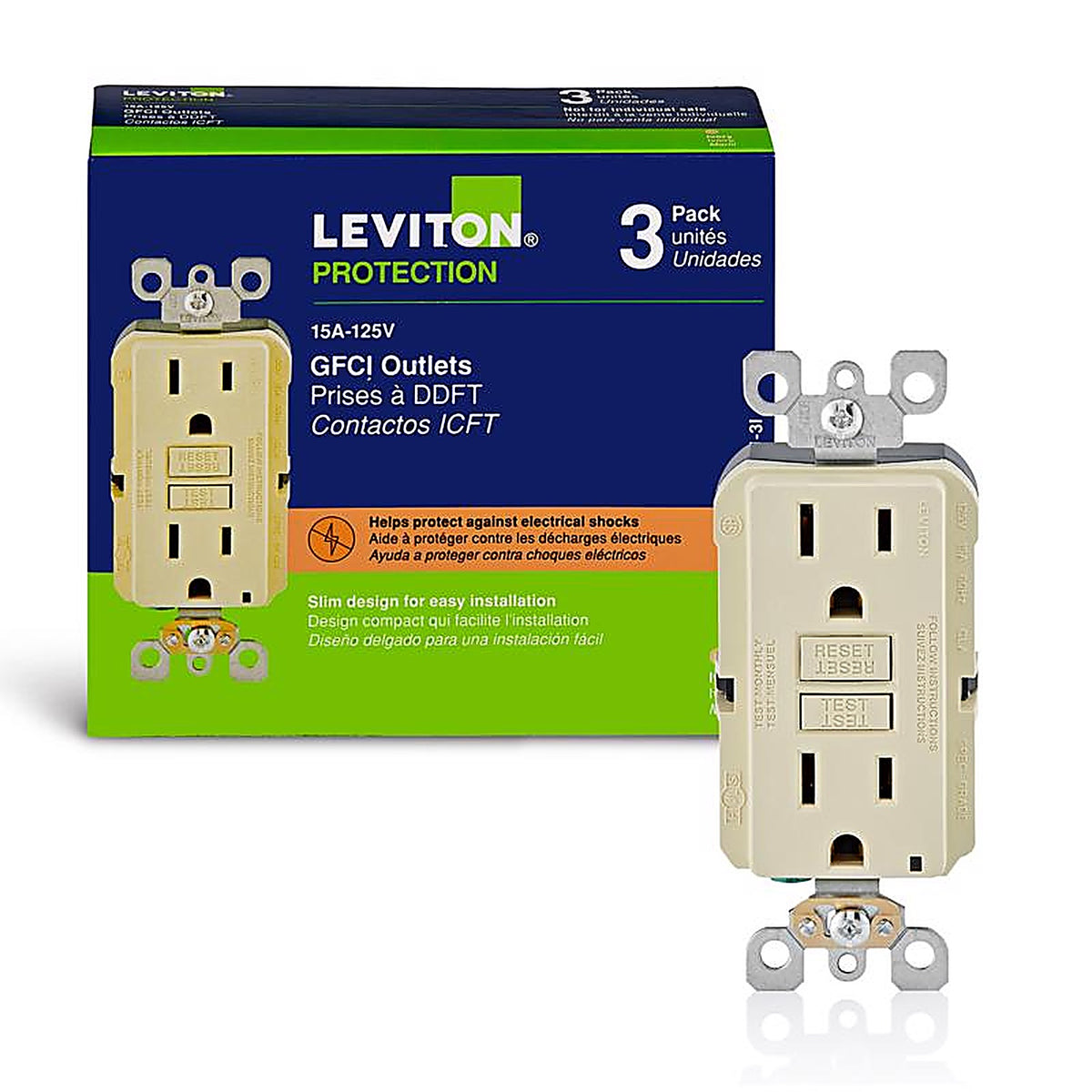 Leviton GFNT1-03I SmartlockPro 15 amps 125 volt Duplex Ivory GFCI Outlet 5-15R 3/Pack
