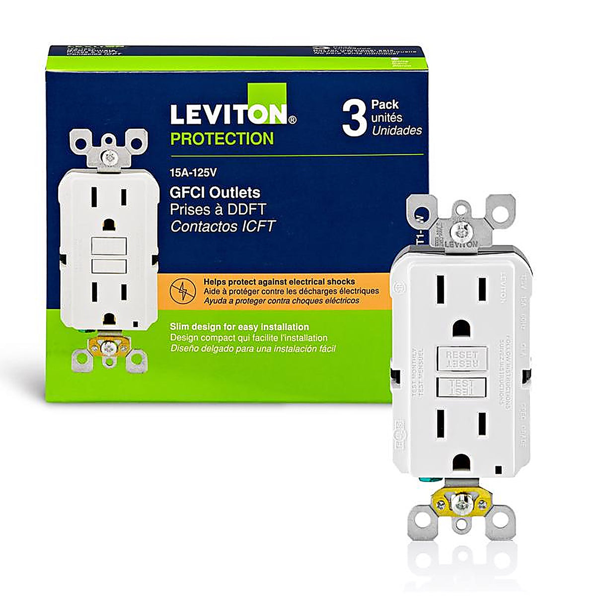 Leviton GFNT1-03W SmartlockPro 15 amps 125 volt Duplex White GFCI Outlet 5-15R 3/Pack